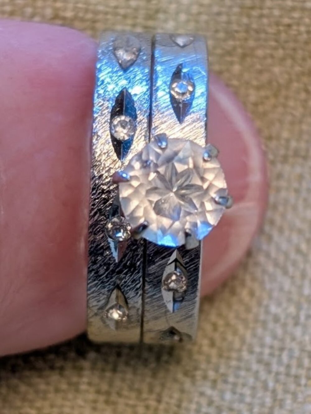 Vintage Signed Avon Textured Silver Tone Wedding Ring Set | Retro Solitaire & Ba